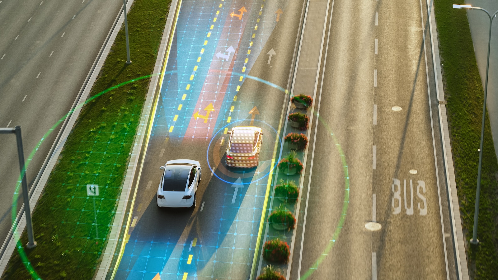 Following Aerial Top Down Drone View: Autonomous Self Driving Car Moving Through City Highway, Overtaking Other Cars. Visualization Concept: Sensor Scanning Road Ahead for Vehicles, Speed Limits