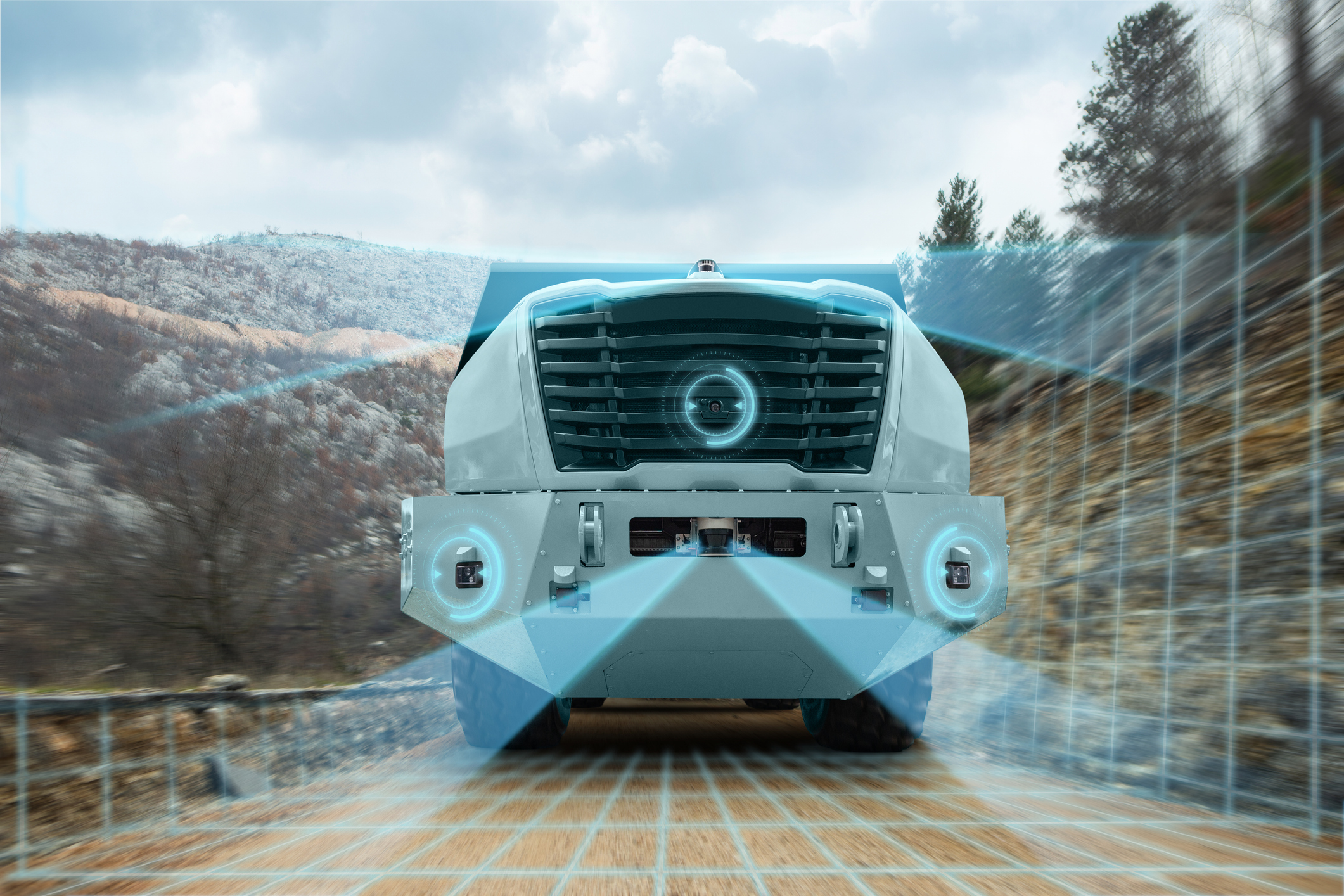 A futuristic truck using sensor fusion to navigate a difficult terrain